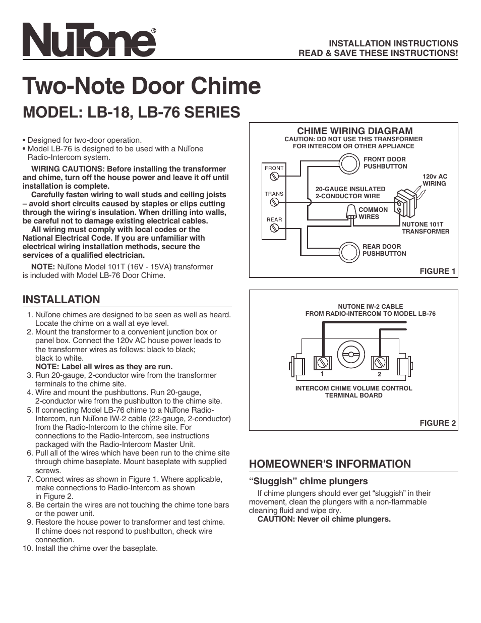 NuTone TWO-NOTE DOOR CHIME LB-76 User Manual | 2 pages