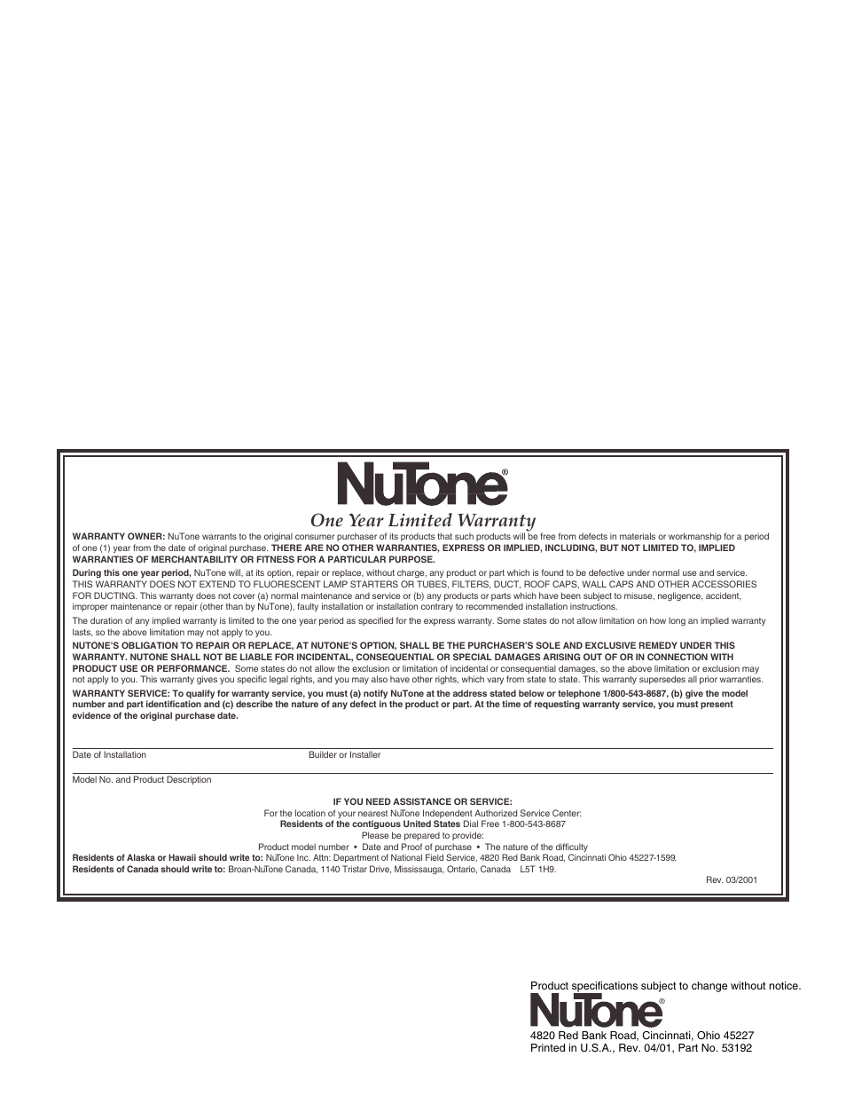 One year limited warranty | NuTone TWO-NOTE DOOR CHIME LB-76 User Manual | Page 2 / 2