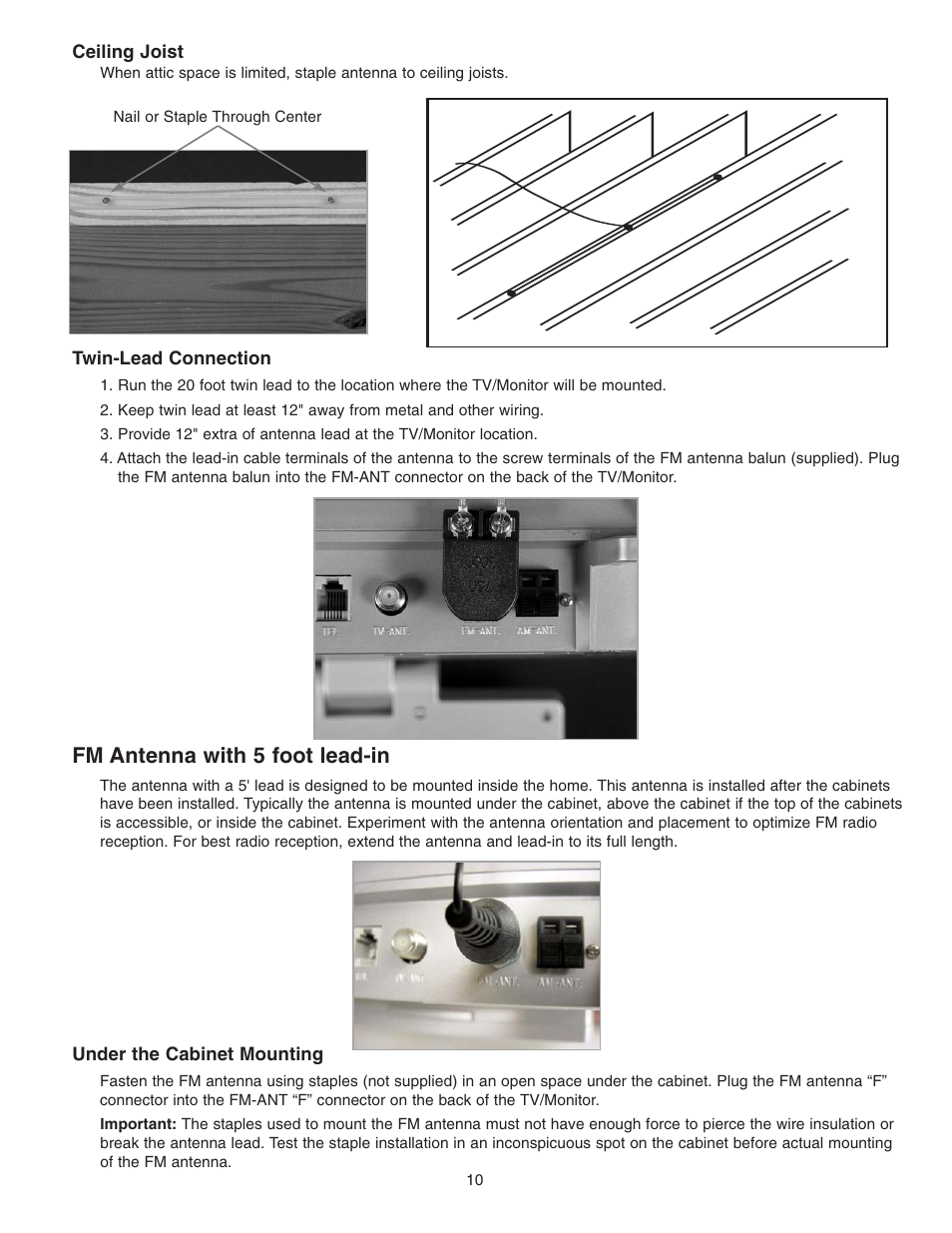 Fm antenna with 5 foot lead-in | NuTone Video Door Answering System VSUC4RK User Manual | Page 10 / 20