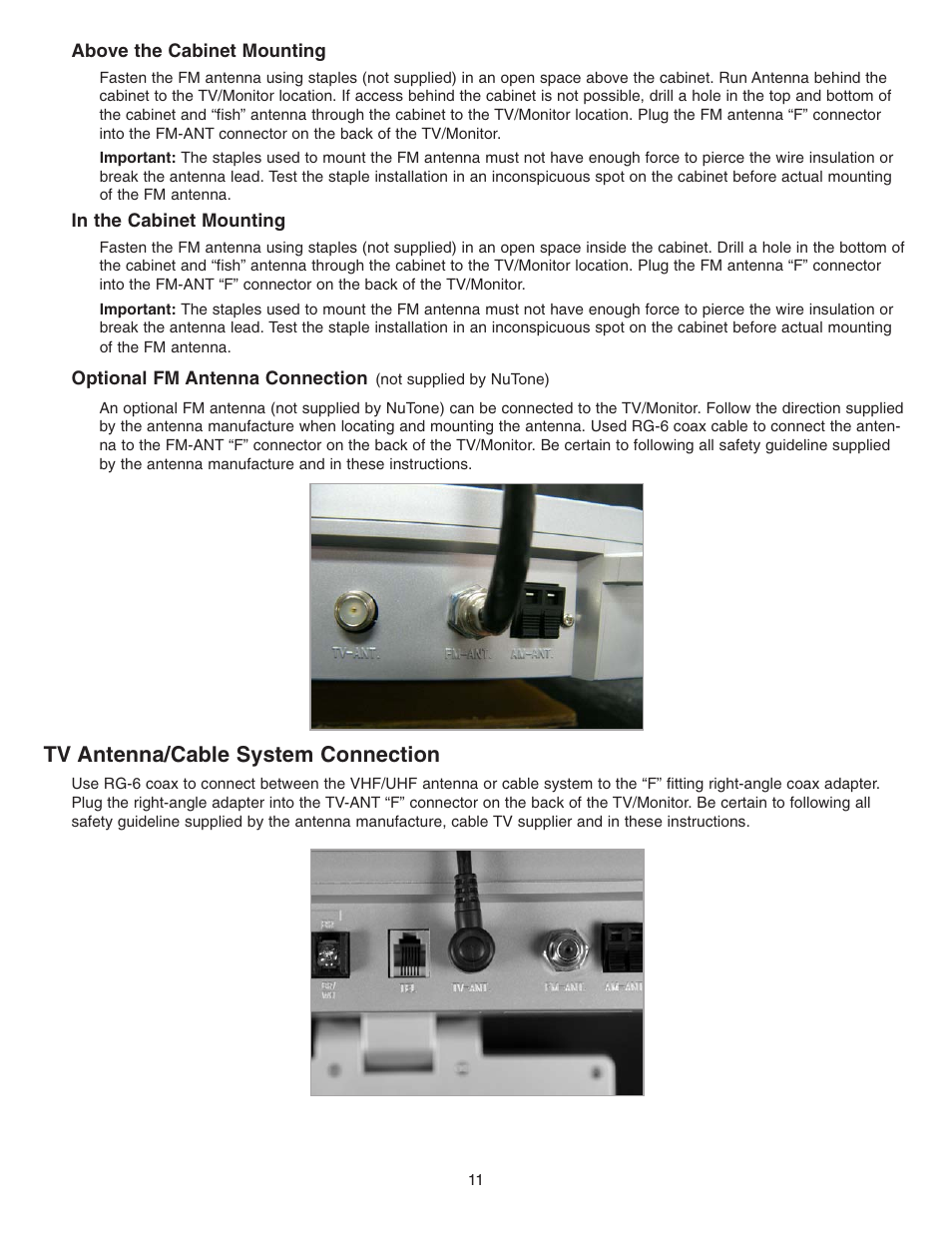 Tv antenna/cable system connection | NuTone Video Door Answering System VSUC4RK User Manual | Page 11 / 20