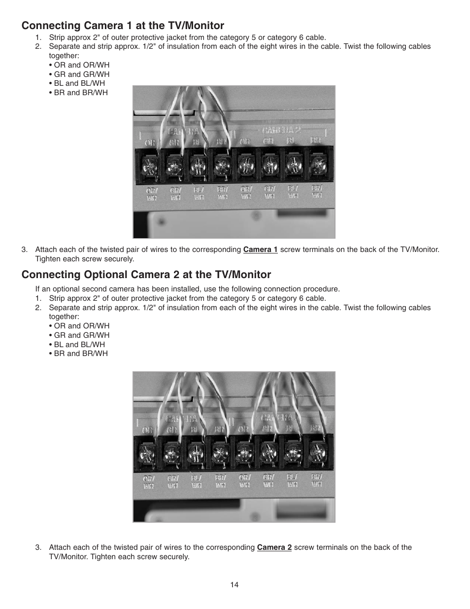 Connecting camera 1 at the tv/monitor, Connecting optional camera 2 at the tv/monitor | NuTone Video Door Answering System VSUC4RK User Manual | Page 14 / 20