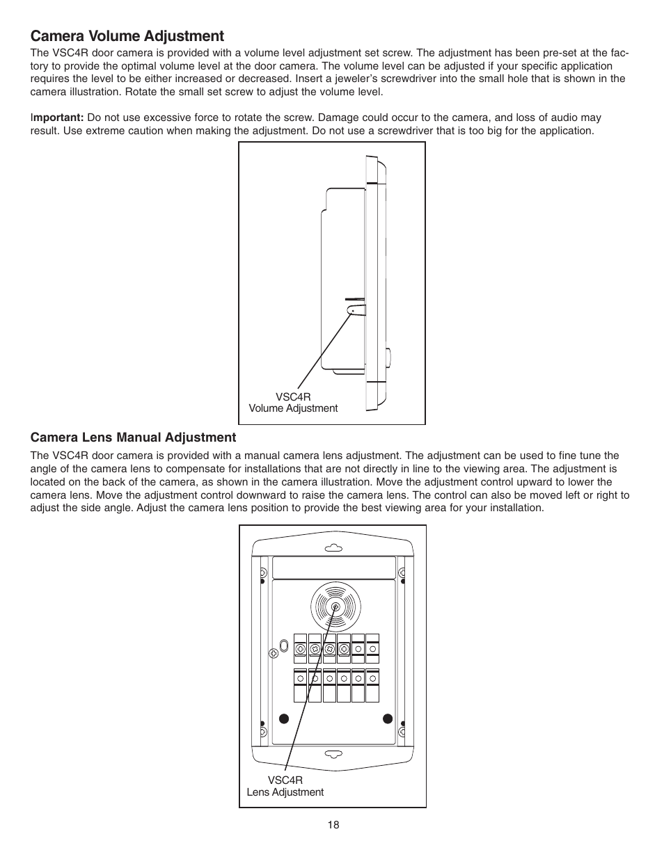 Camera volume adjustment | NuTone Video Door Answering System VSUC4RK User Manual | Page 18 / 20