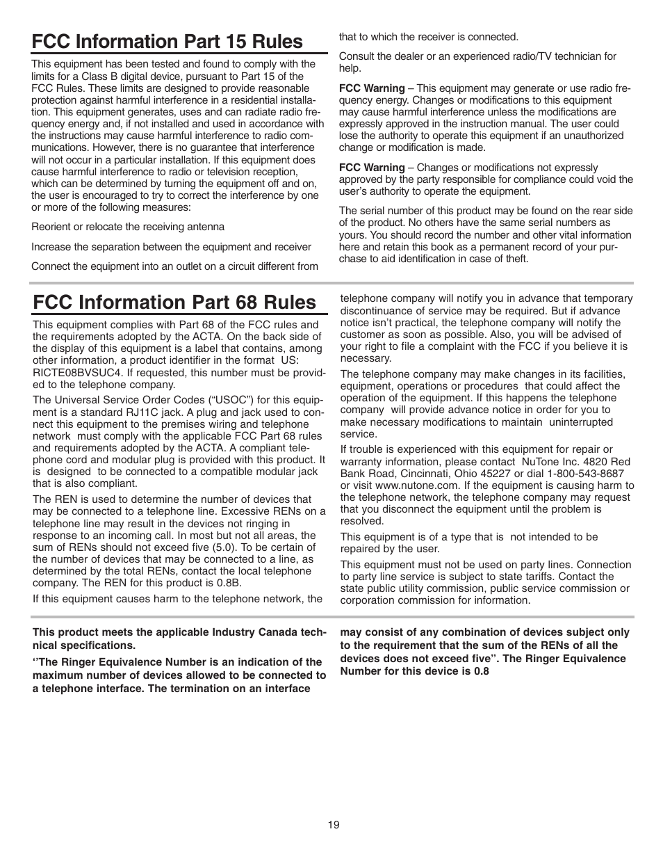 Fcc information part 15 rules, Fcc information part 68 rules | NuTone Video Door Answering System VSUC4RK User Manual | Page 19 / 20