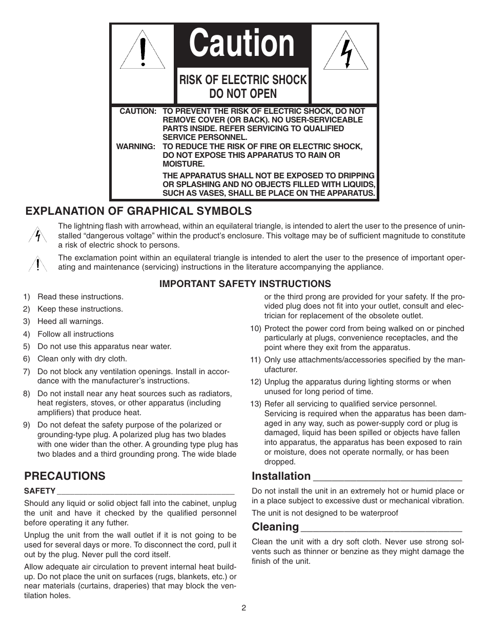 Caution, Risk of electric shock do not open, Explanation of graphical symbols | Precautions, Installation, Cleaning | NuTone Video Door Answering System VSUC4RK User Manual | Page 2 / 20