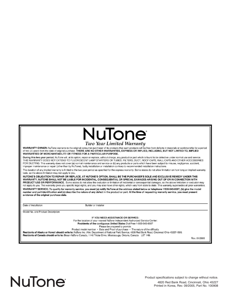 NuTone Video Door Answering System VSUC4RK User Manual | Page 20 / 20