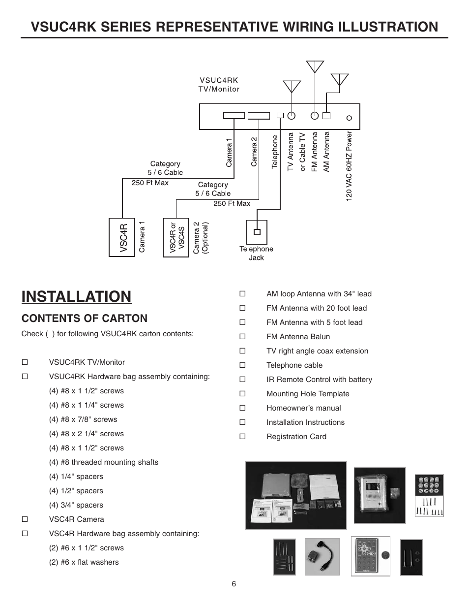 Installation, Vsuc4rk series representative wiring illustration, Contents of carton | NuTone Video Door Answering System VSUC4RK User Manual | Page 6 / 20