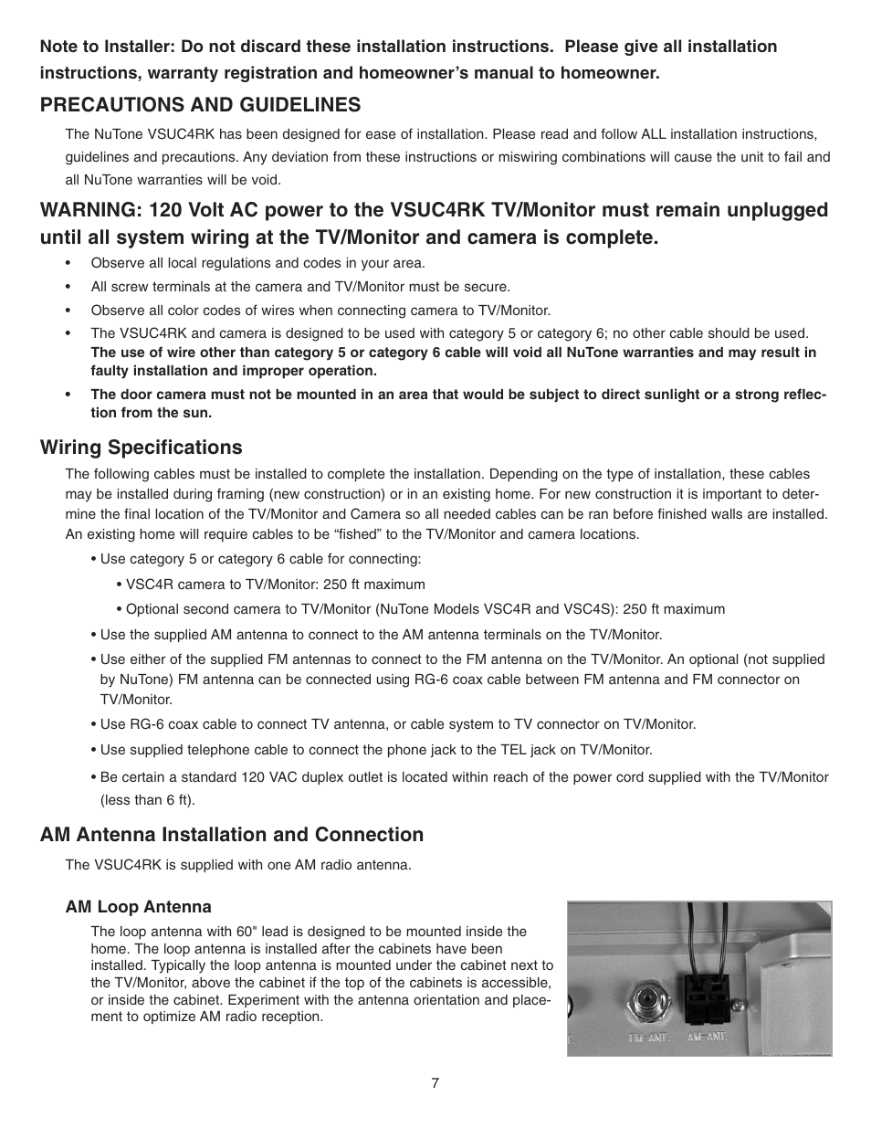 Precautions and guidelines, Wiring specifications, Am antenna installation and connection | NuTone Video Door Answering System VSUC4RK User Manual | Page 7 / 20