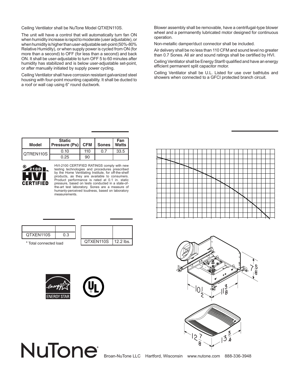 Performance ratings, Model qtxen110s ventilator, Amps | Weight, Air flow performance, Hvi performance, Model qtxen110s typical specification | NuTone Ventilator QTXEN110S User Manual | Page 2 / 2