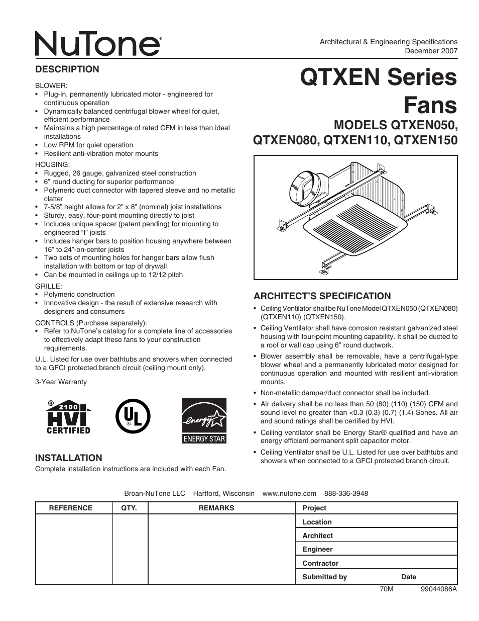 NuTone QTXEN080 User Manual | 2 pages