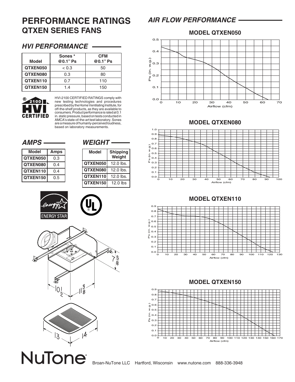 Performance ratings, Qtxen series fans, Amps | Weight, Hvi performance, Air flow performance | NuTone QTXEN080 User Manual | Page 2 / 2