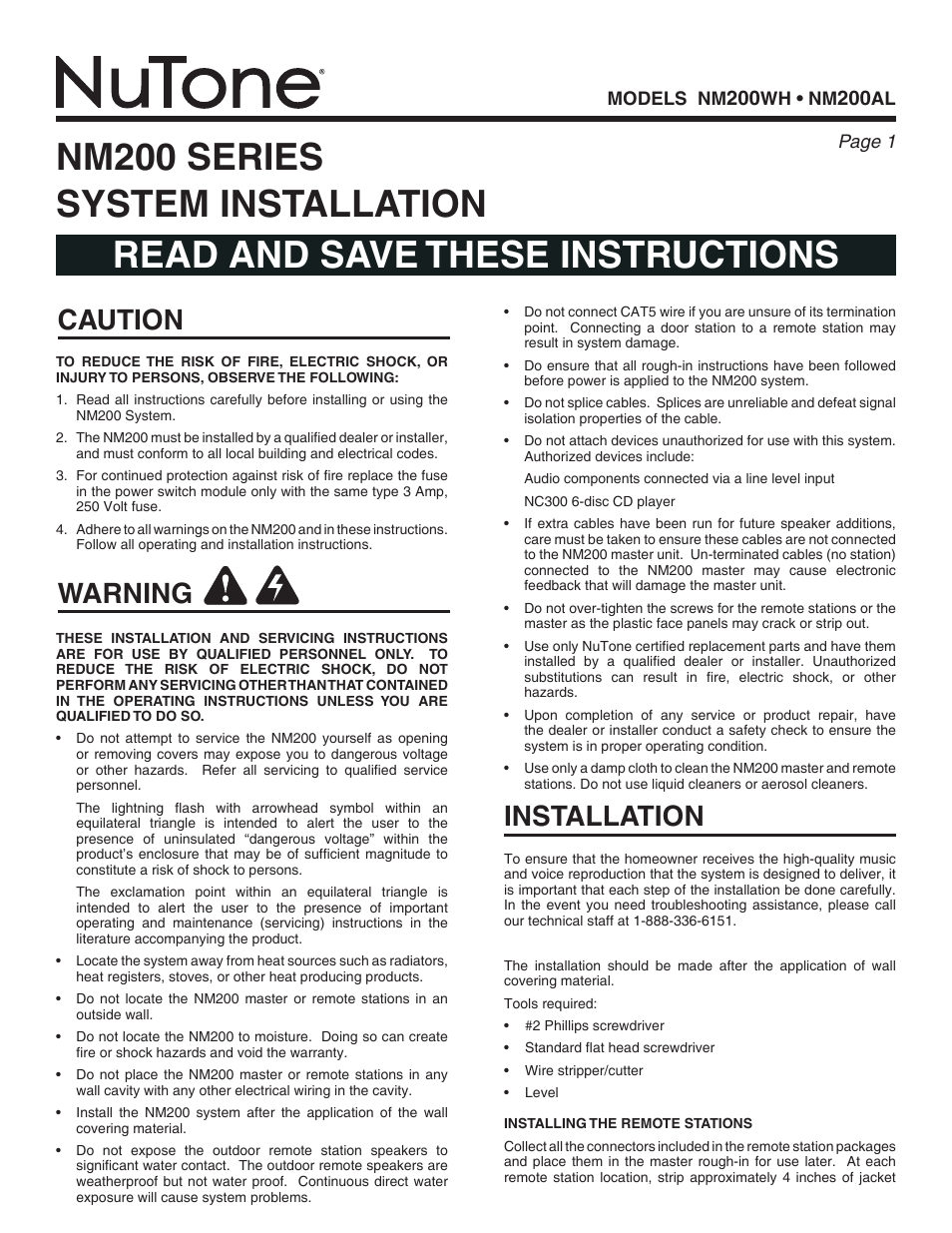 NuTone NM200WH User Manual | 5 pages