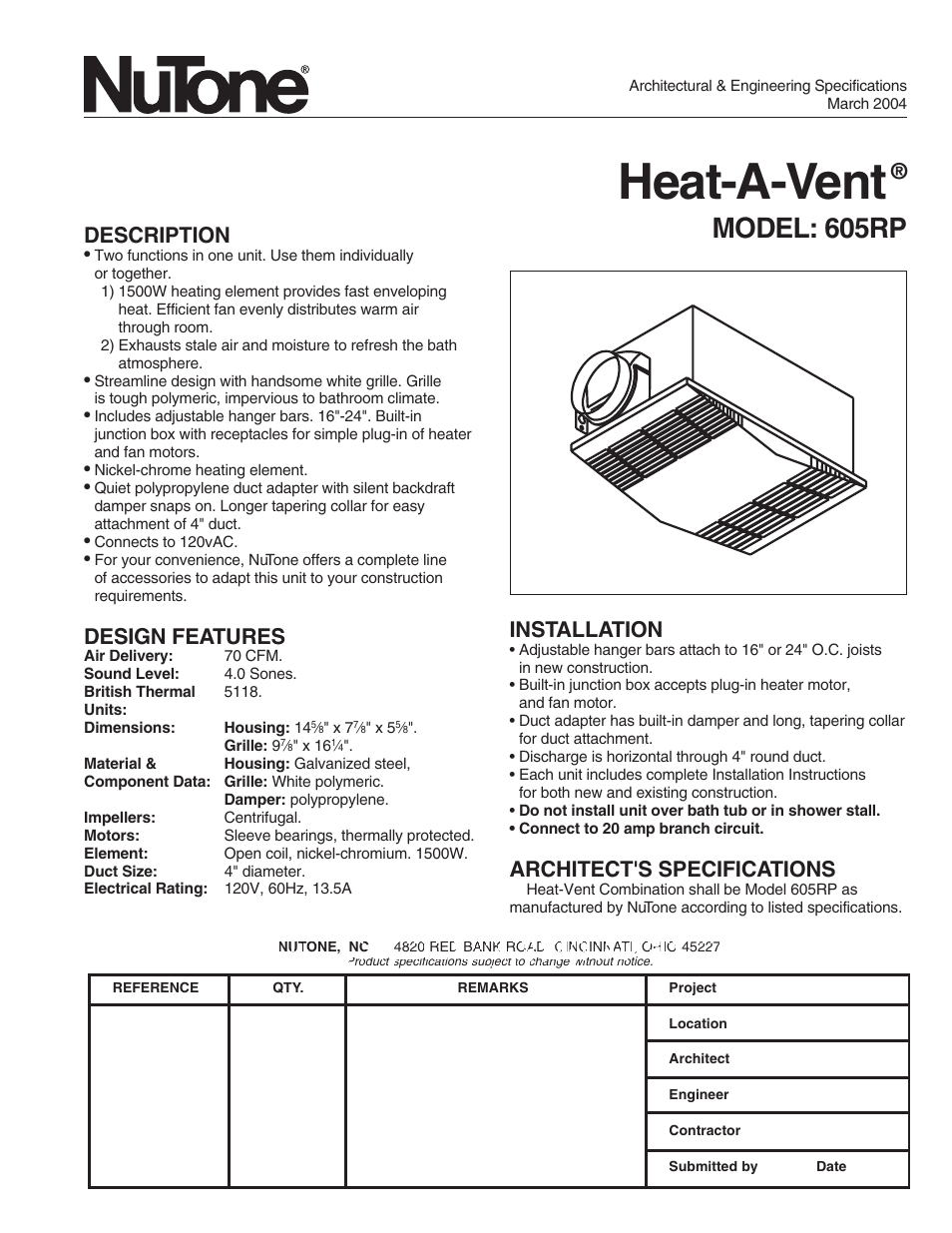 NuTone 605RP User Manual | 2 pages