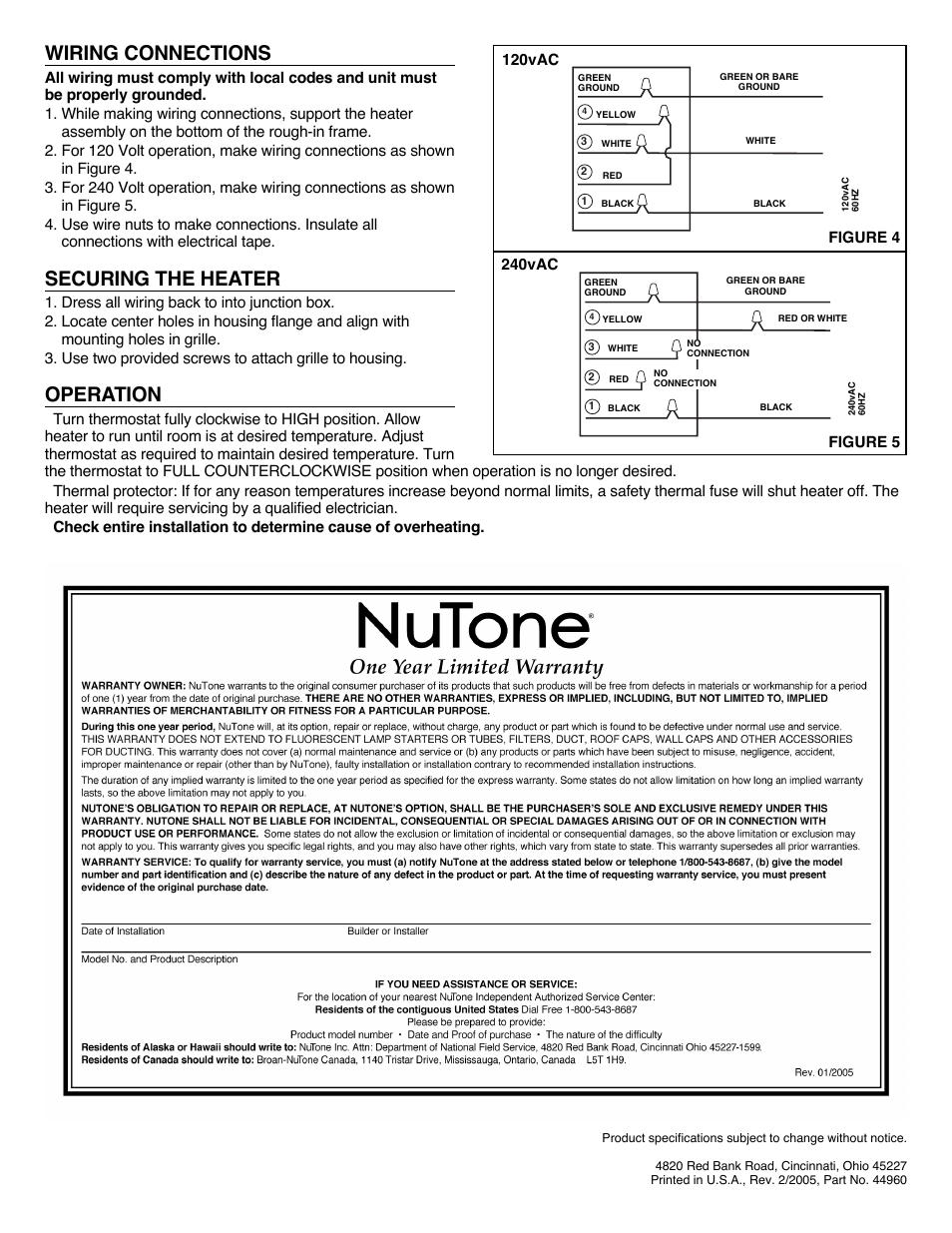 Wiring connections, Securing the heater, Operation | NuTone 9819 User Manual | Page 2 / 2