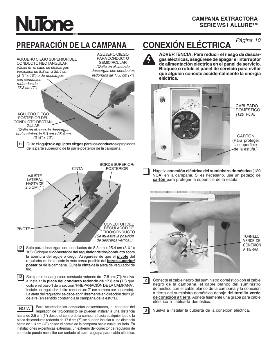 Conexión eléctrica, Preparación de la campana, Page 10 | Página 10 | NuTone WS1 User Manual | Page 10 / 12