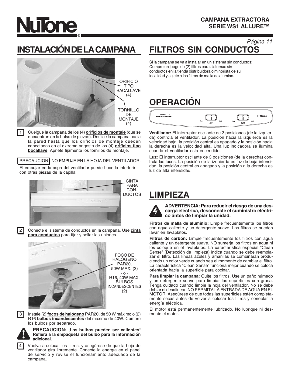 Operación limpieza, Filtros sin conductos instalación de la campana | NuTone WS1 User Manual | Page 11 / 12