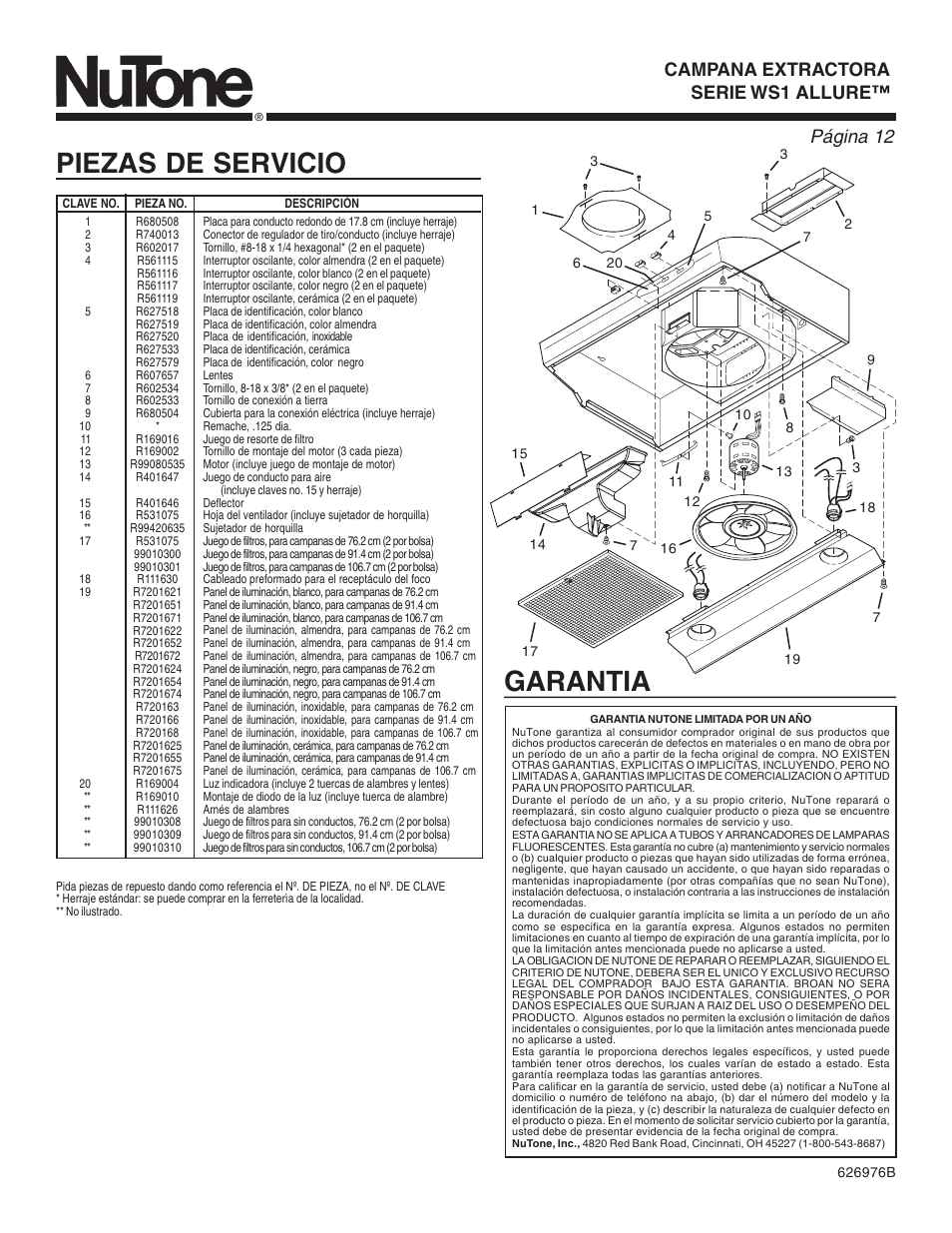 Piezas de servicio, Garantia, Page 12 | Página 12, Campana extractora serie ws1 allure | NuTone WS1 User Manual | Page 12 / 12