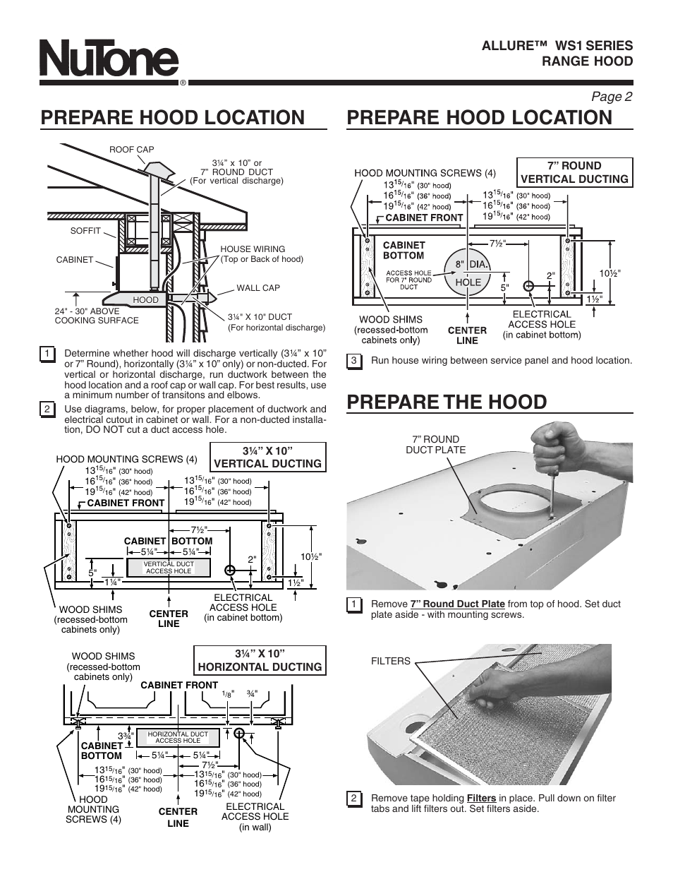 Prepare hood location prepare the hood, Prepare hood location, Page 2 | Allure™ ws1 series range hood | NuTone WS1 User Manual | Page 2 / 12