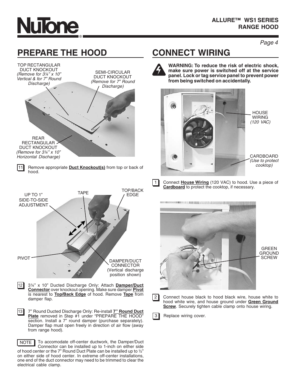 Connect wiring, Prepare the hood, Page 4 | NuTone WS1 User Manual | Page 4 / 12