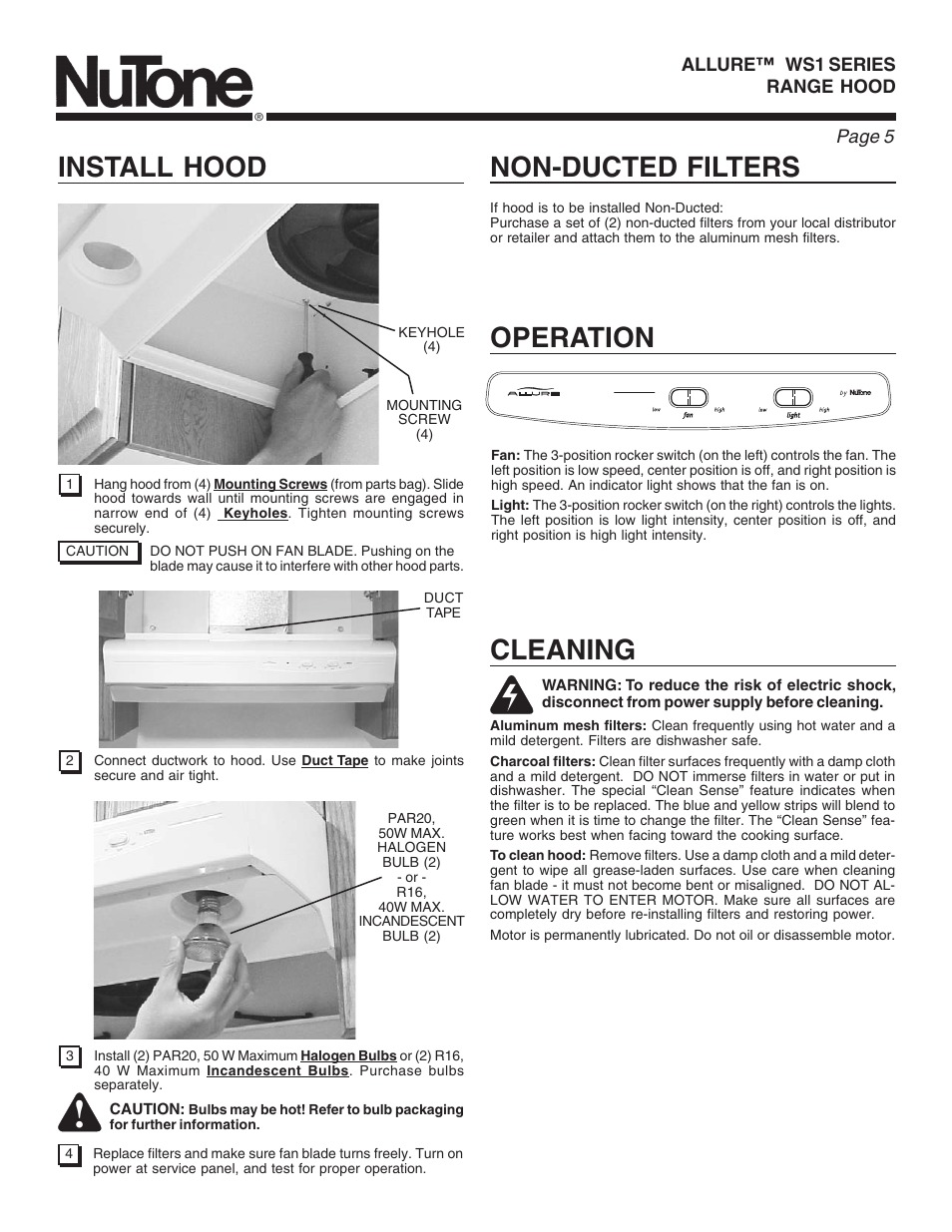 Operation cleaning, Install hood, Non-ducted filters | NuTone WS1 User Manual | Page 5 / 12