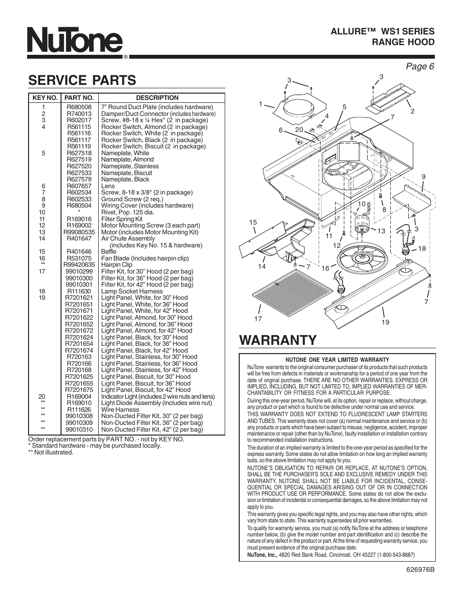 Warranty, Service parts, Page 6 | Allure™ ws1 series range hood | NuTone WS1 User Manual | Page 6 / 12