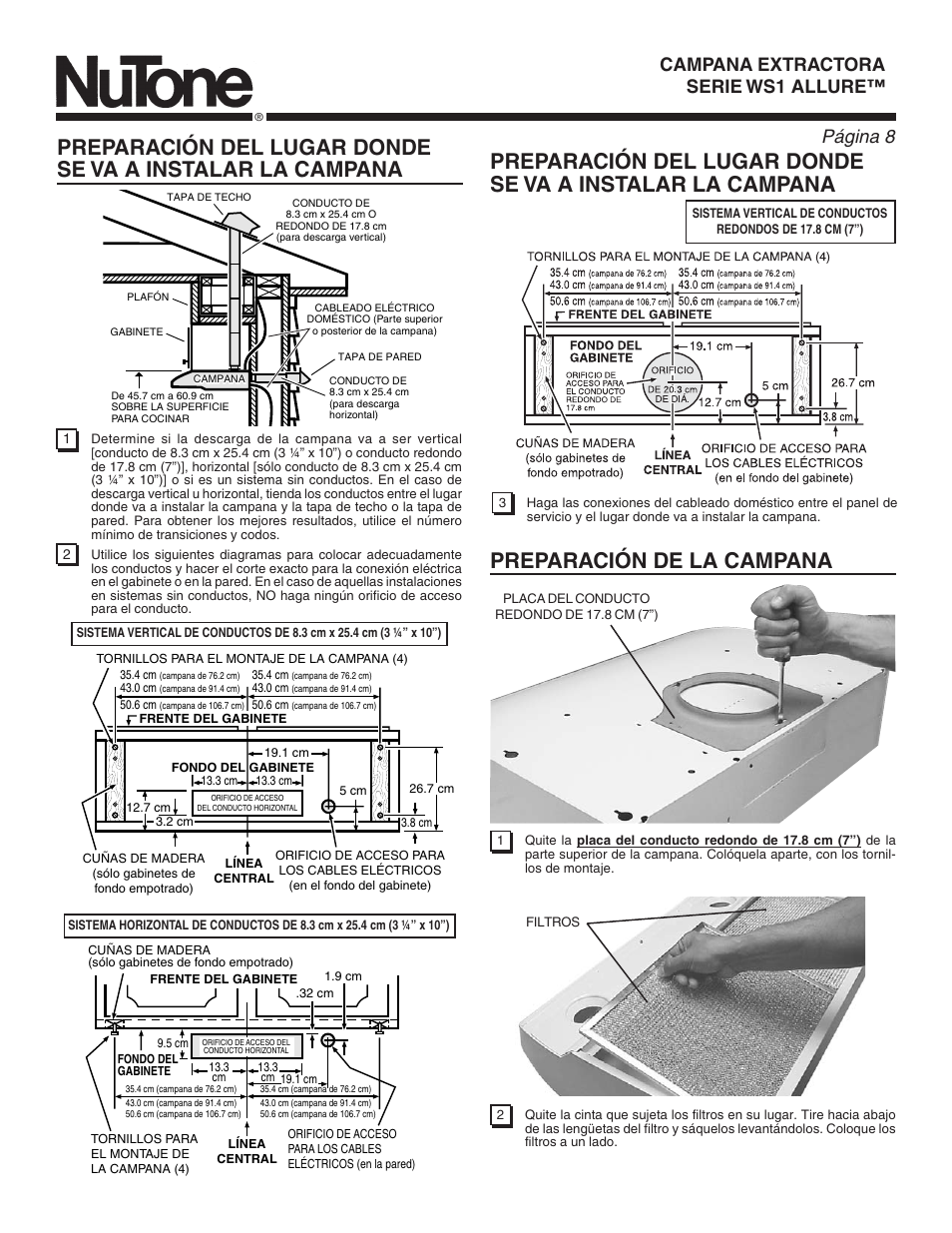 Page 8, Página 8, Allure™ ws1 series range hood | Campana extractora serie ws1 allure | NuTone WS1 User Manual | Page 8 / 12