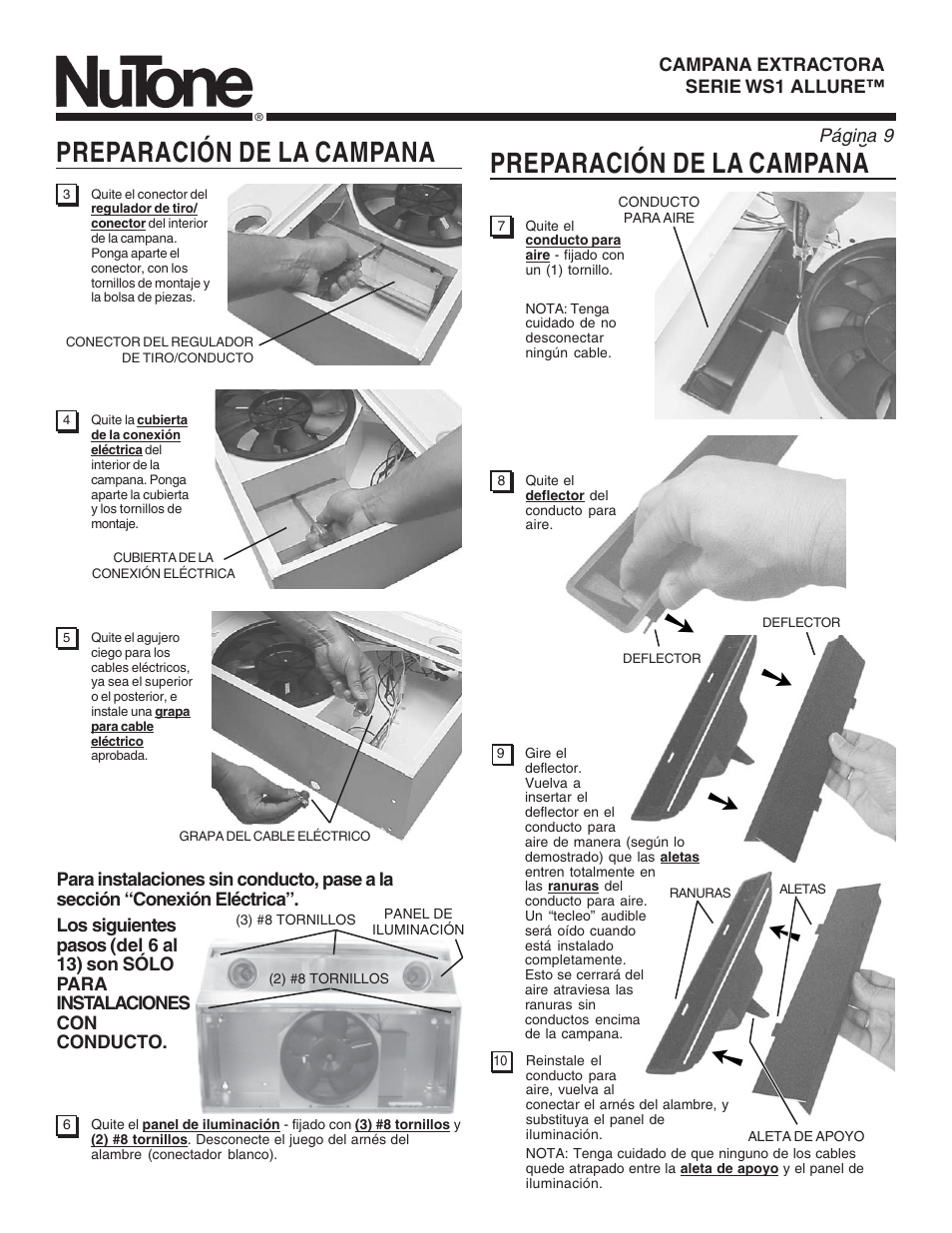 Preparación de la campana | NuTone WS1 User Manual | Page 9 / 12