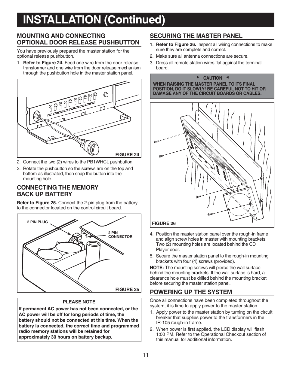 Installation (continued), Securing the master panel, Powering up the system | NuTone IM-440 Series User Manual | Page 11 / 20
