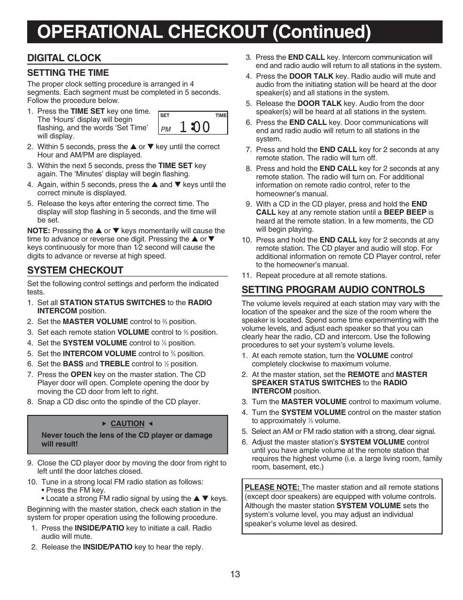 Operational checkout (continued), Digital clock, System checkout | Setting program audio controls, Setting the time | NuTone IM-440 Series User Manual | Page 13 / 20