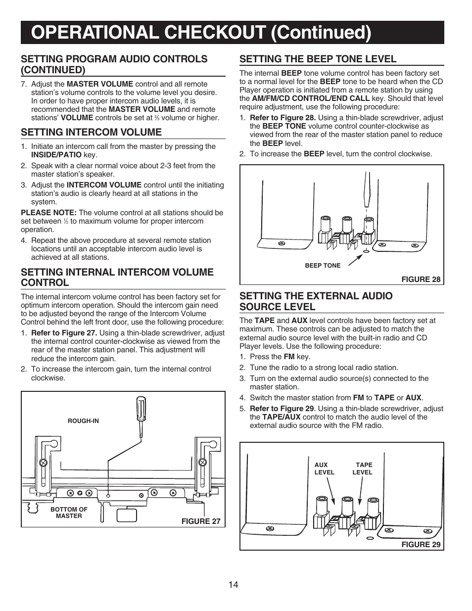 Operational checkout (continued), Setting program audio controls (continued), Setting intercom volume | Setting internal intercom volume control, Setting the external audio source level, Setting the beep tone level | NuTone IM-440 Series User Manual | Page 14 / 20