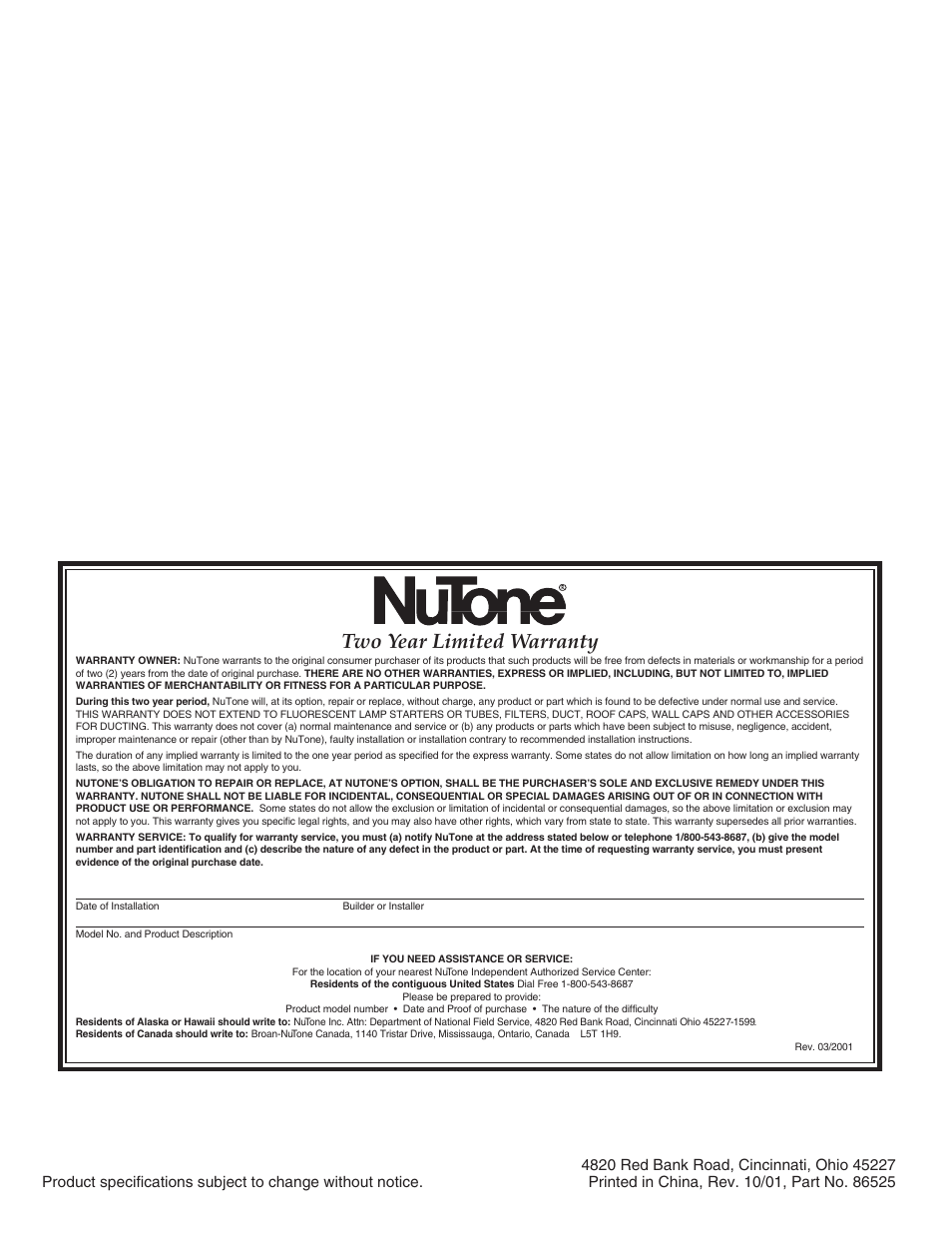 Two year limited warranty | NuTone IM-440 Series User Manual | Page 20 / 20