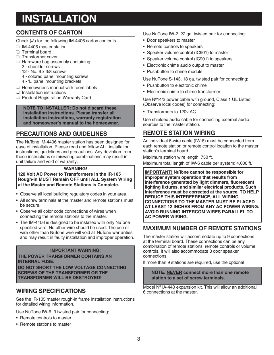 Installation, Contents of carton, Precautions and guidelines | Remote station wiring, Maximum number of remote stations, Wiring specifications | NuTone IM-440 Series User Manual | Page 3 / 20