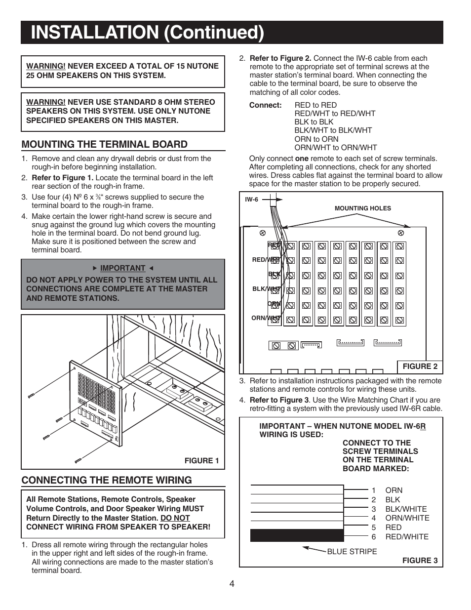 Installation (continued), Mounting the terminal board, Connecting the remote wiring | NuTone IM-440 Series User Manual | Page 4 / 20