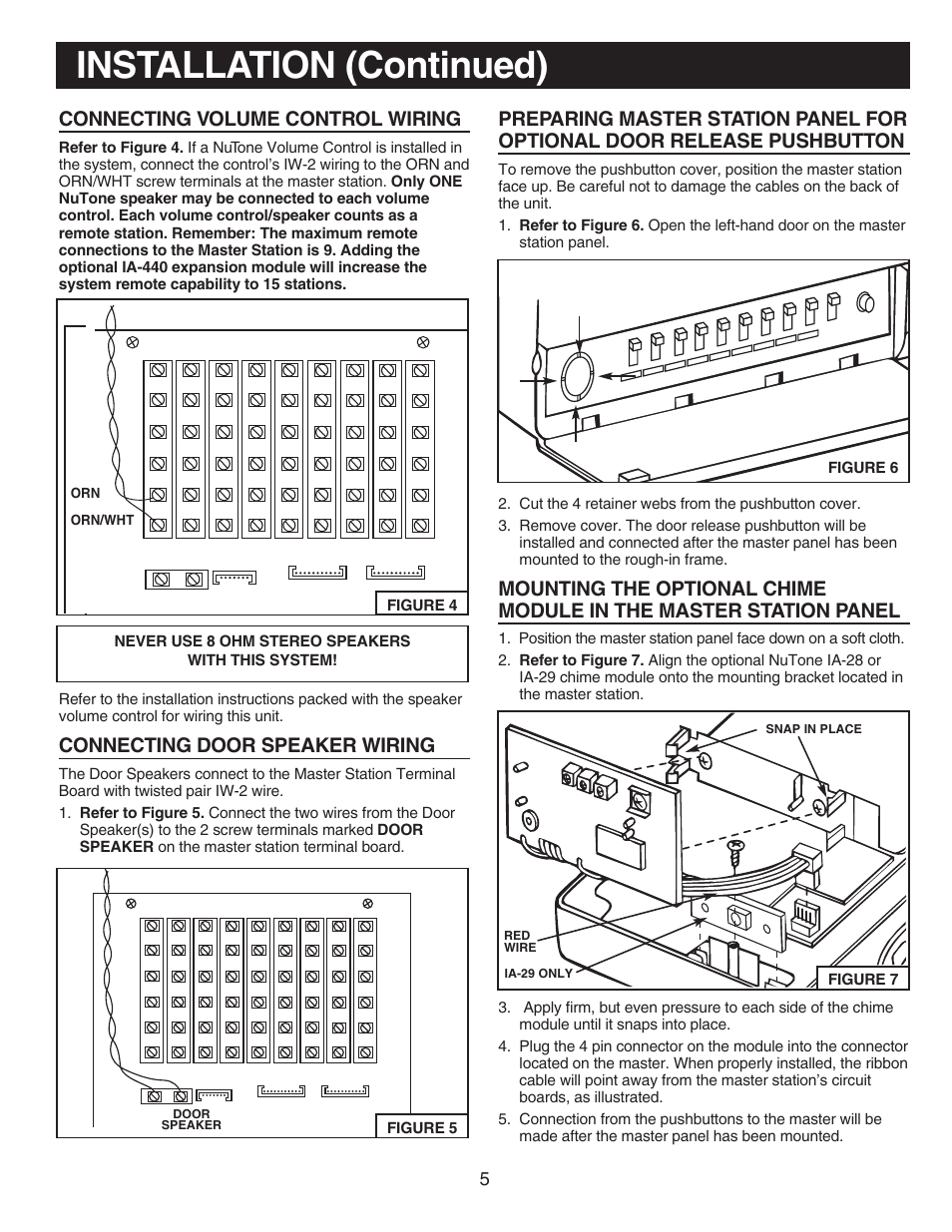Installation (continued), Connecting volume control wiring, Connecting door speaker wiring | NuTone IM-440 Series User Manual | Page 5 / 20