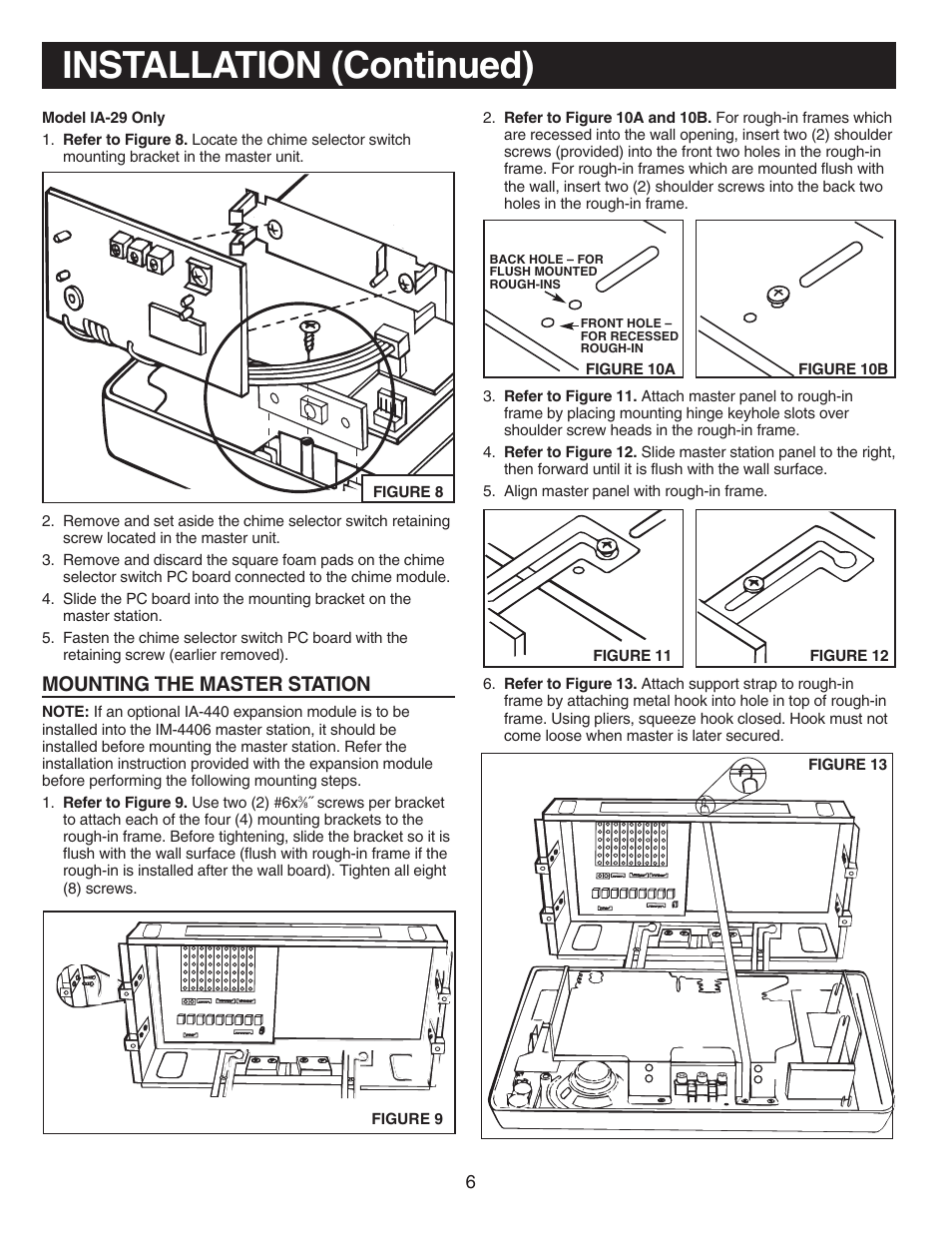 Installation (continued), Mounting the master station | NuTone IM-440 Series User Manual | Page 6 / 20