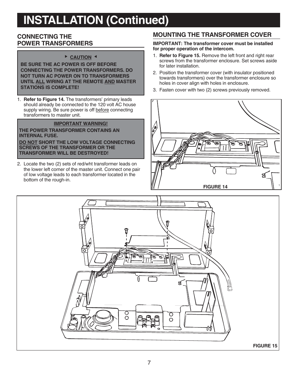 Installation (continued), Connecting the power transformers, Mounting the transformer cover | NuTone IM-440 Series User Manual | Page 7 / 20