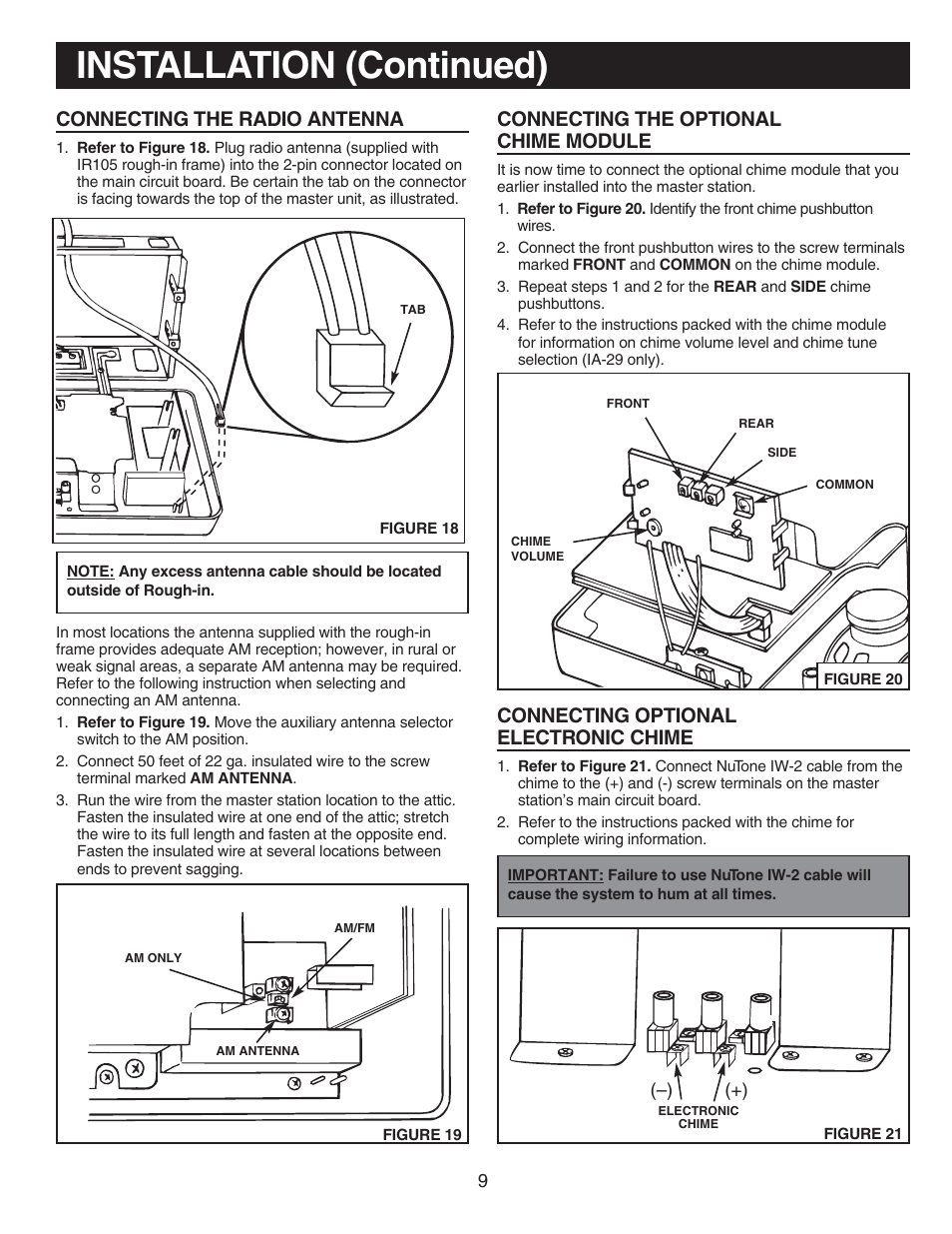 Installation (continued), Connecting the radio antenna, Connecting the optional chime module | Connecting optional electronic chime | NuTone IM-440 Series User Manual | Page 9 / 20