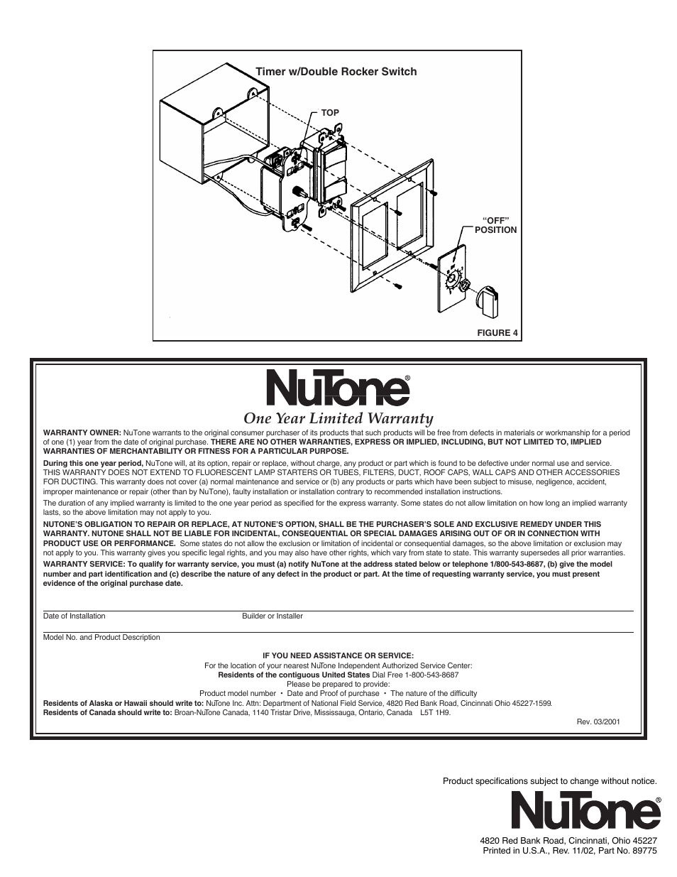 One year limited warranty, Timer w/double rocker switch | NuTone VS-67WH User Manual | Page 2 / 2
