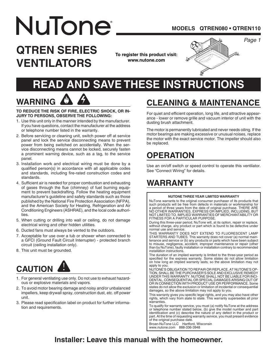 NuTone QTREN080 User Manual | 8 pages