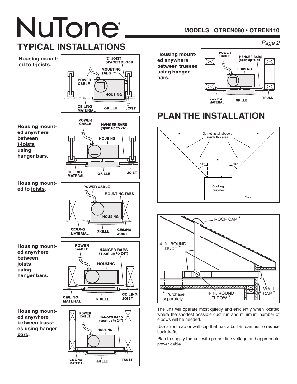 Typical installations, Plan the installation | NuTone QTREN080 User Manual | Page 2 / 8