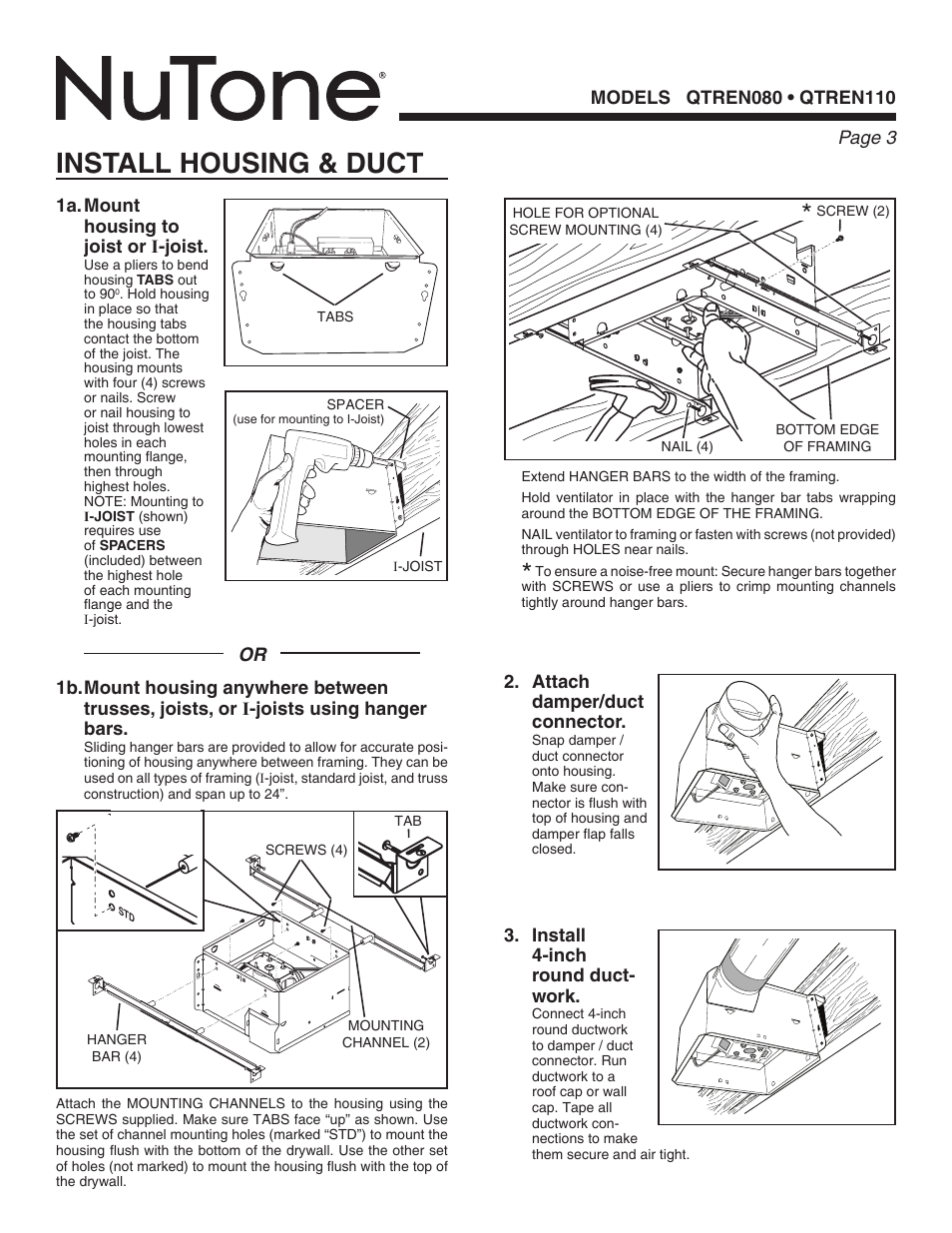 Install housing & duct | NuTone QTREN080 User Manual | Page 3 / 8