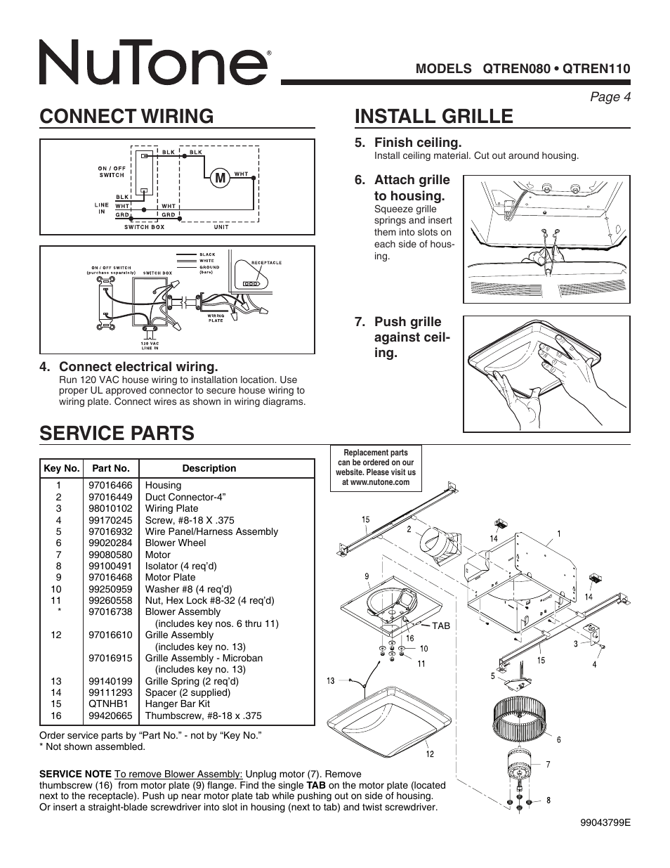 Service parts, Install grille, Connect wiring | NuTone QTREN080 User Manual | Page 4 / 8