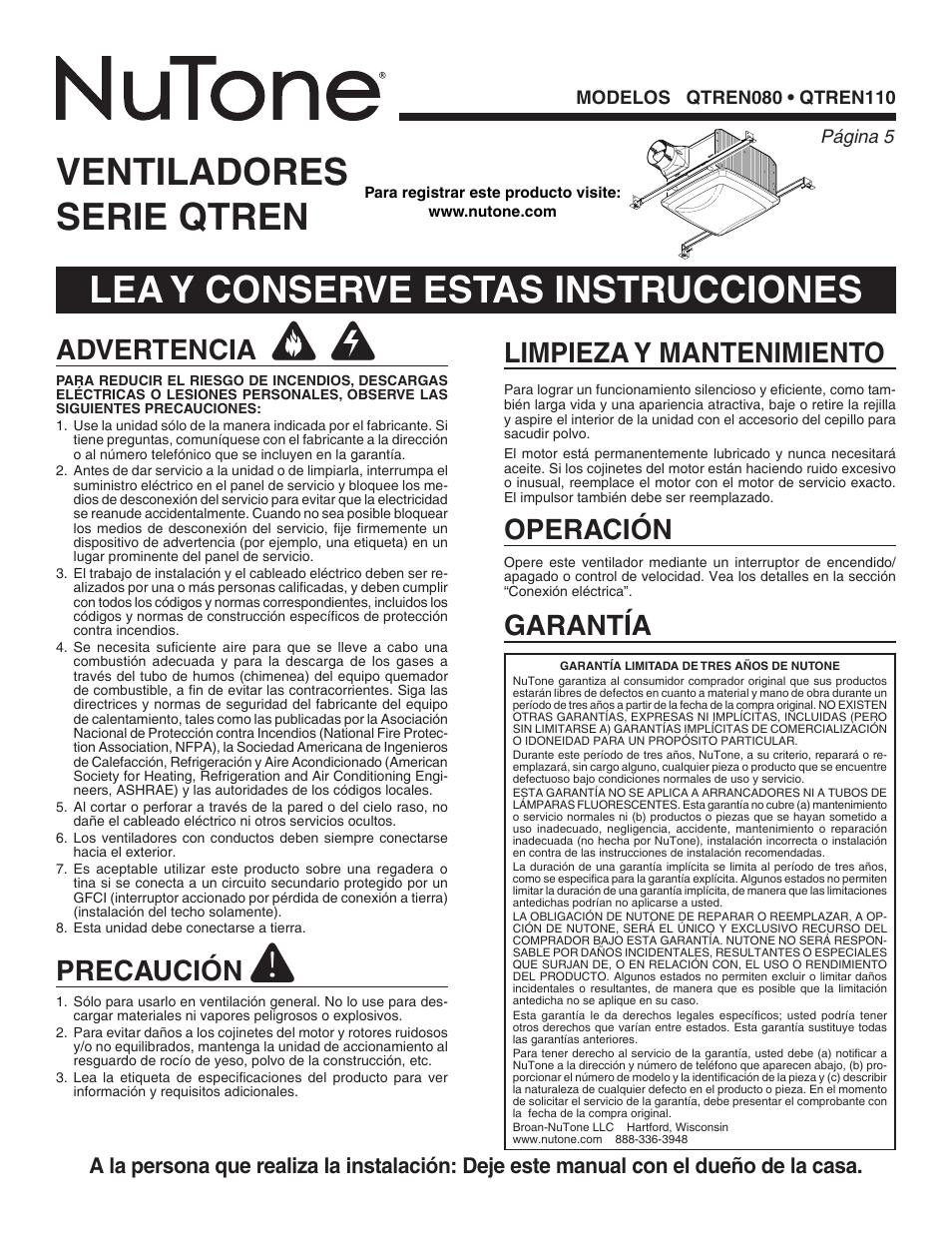 Lea y conserve estas instrucciones, Ventiladores serie qtren, Advertencia | Precaución, Limpieza y mantenimiento garantía, Operación | NuTone QTREN080 User Manual | Page 5 / 8