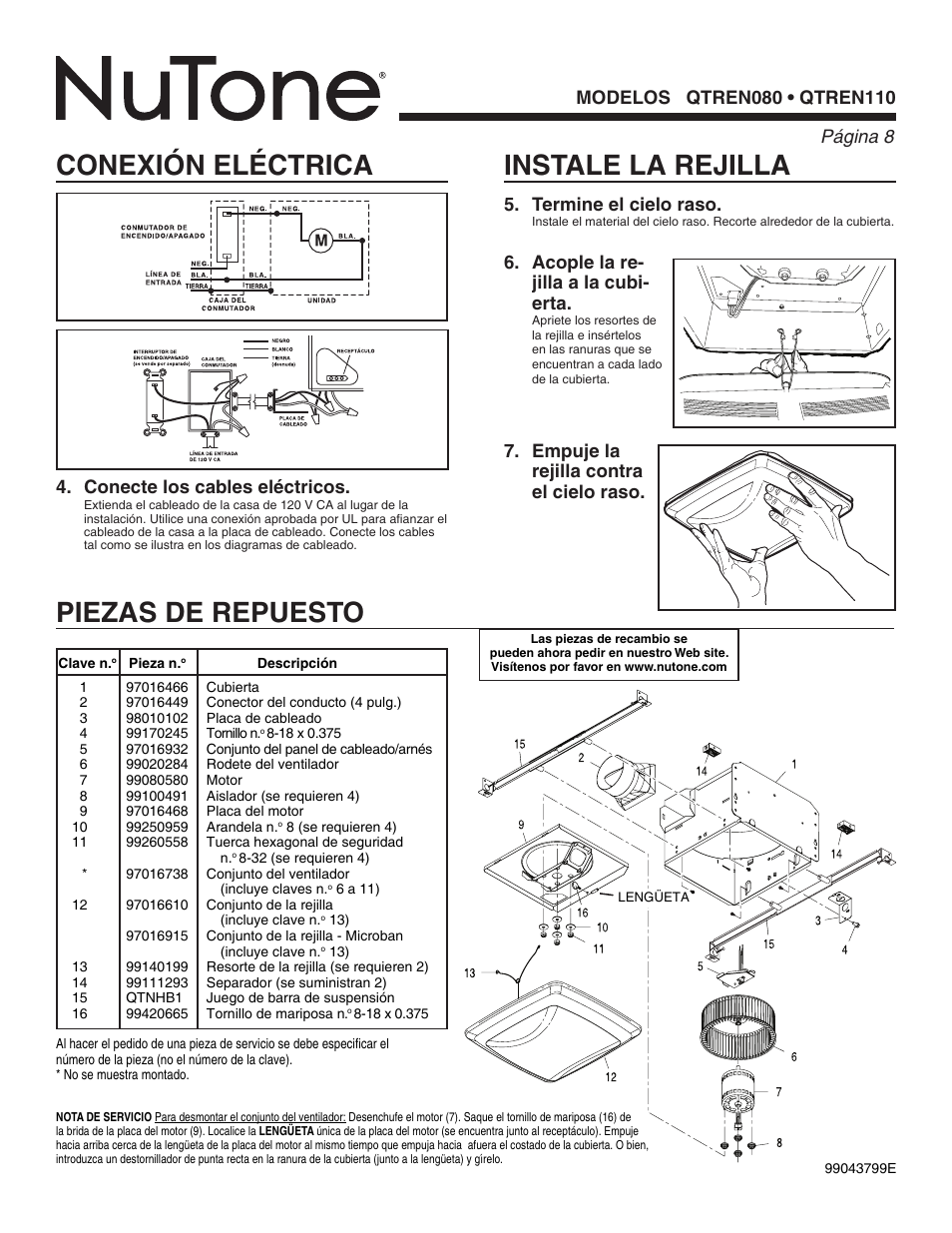 Piezas de repuesto instale la rejilla, Conexión eléctrica, Acople la re- jilla a la cubi- erta | Conecte los cables eléctricos | NuTone QTREN080 User Manual | Page 8 / 8