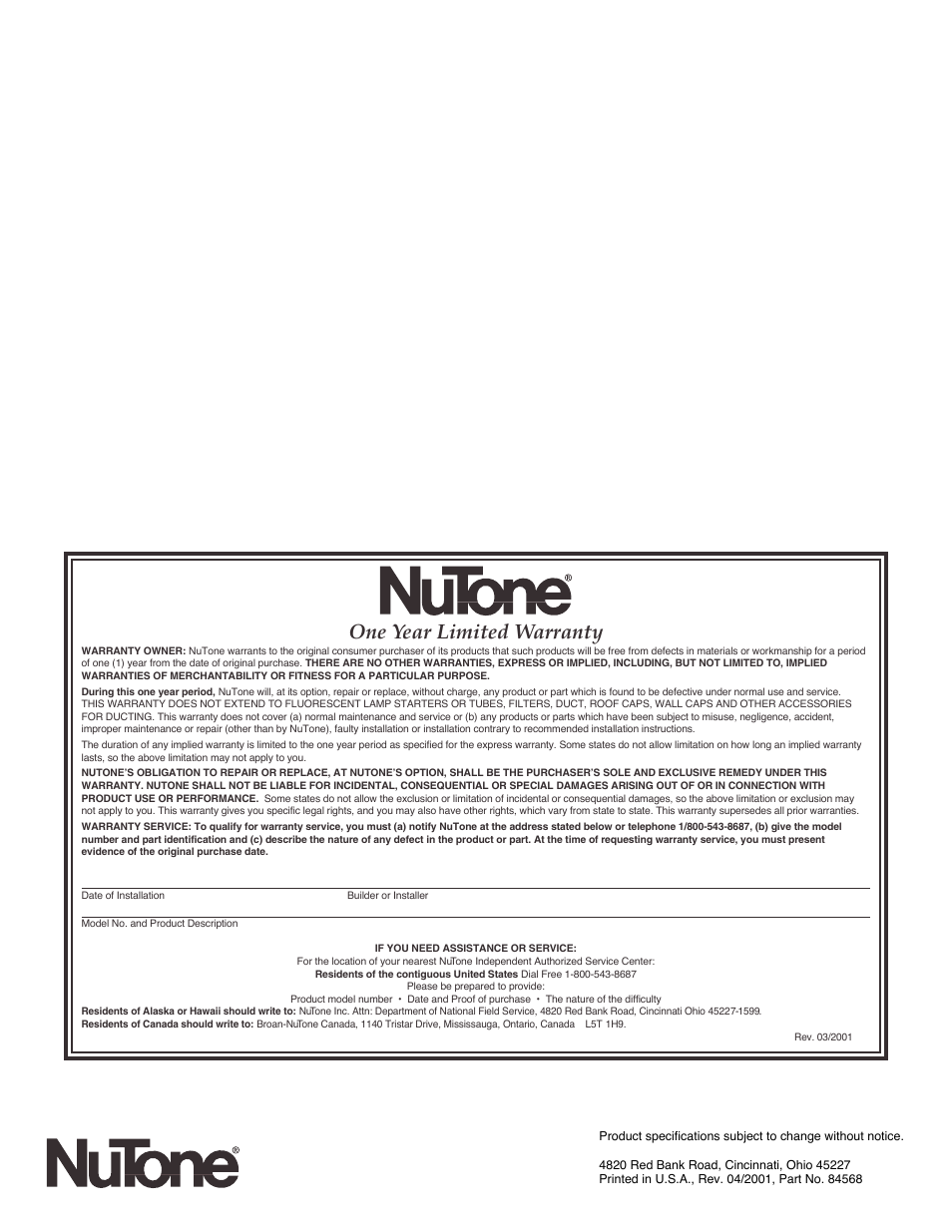 One year limited warranty | NuTone LB-14 User Manual | Page 2 / 2