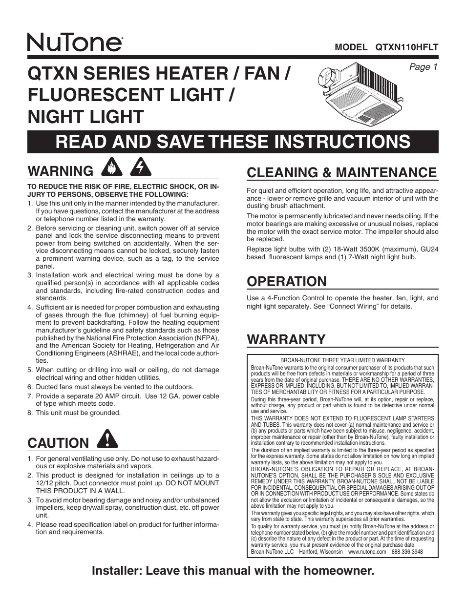 NuTone QTXN110HFLT User Manual | 8 pages