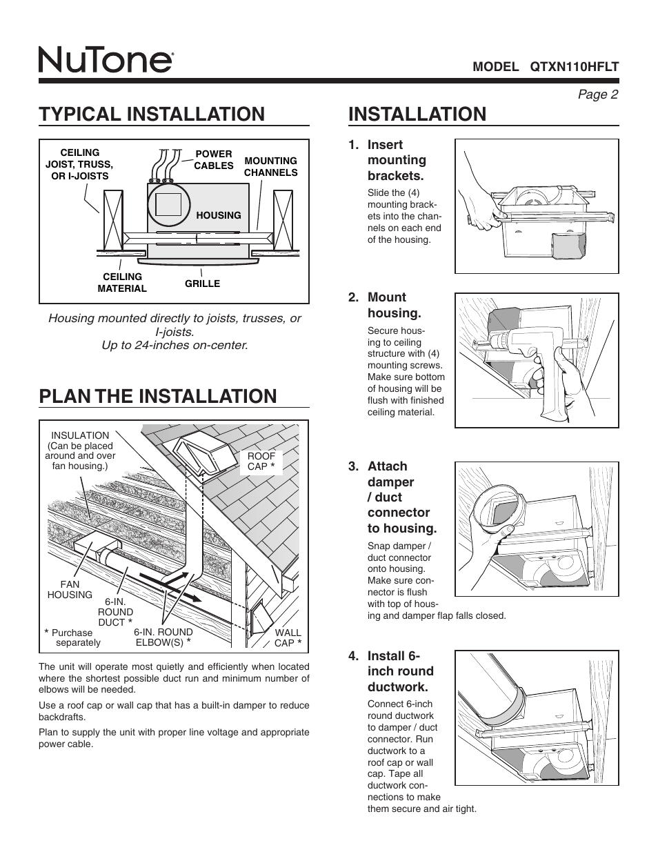 Typical installation, Installation, Plan the installation | NuTone QTXN110HFLT User Manual | Page 2 / 8