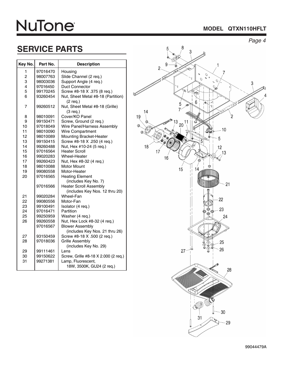 Service parts, Page 4 model qtxn110hflt | NuTone QTXN110HFLT User Manual | Page 4 / 8