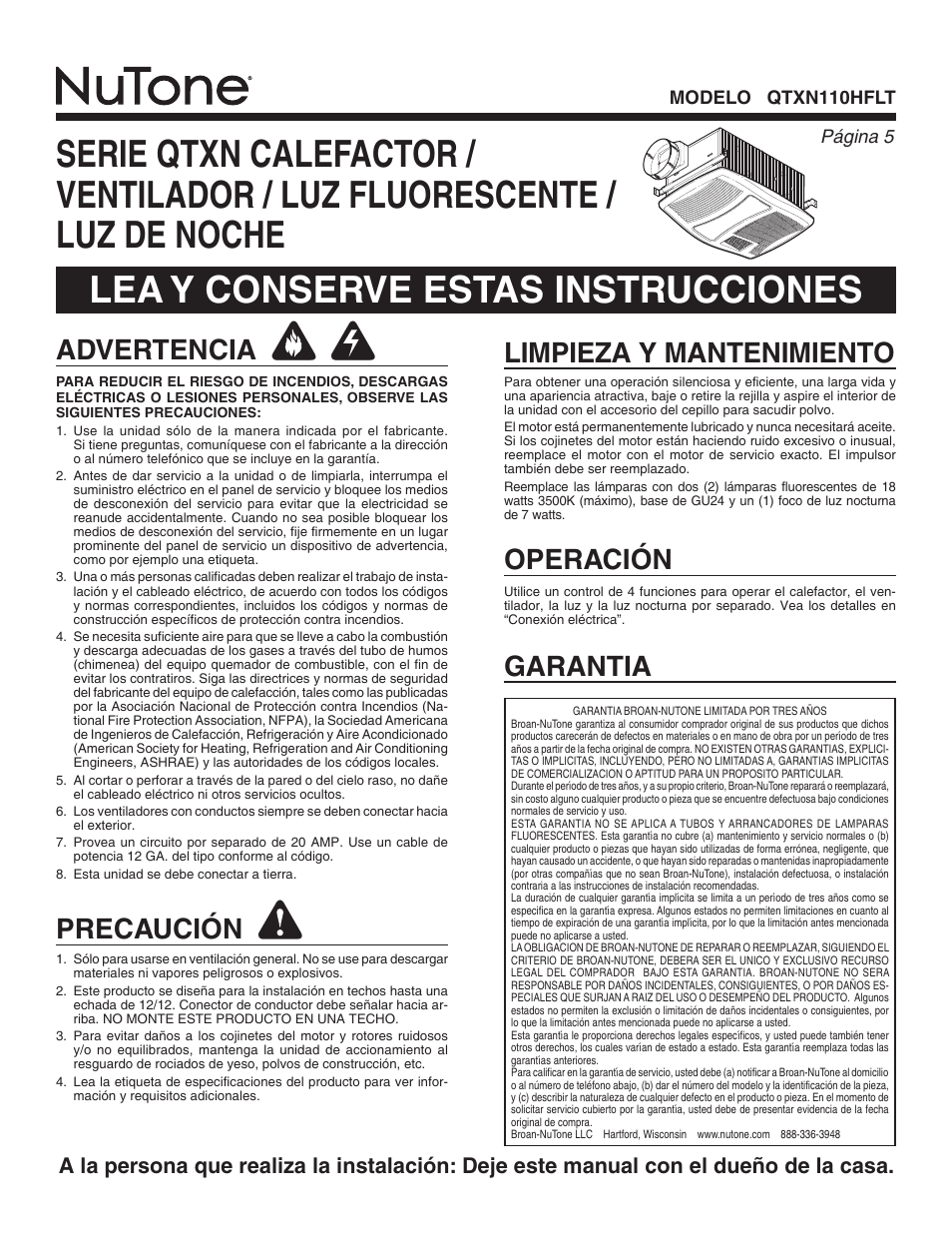 Advertencia, Precaución, Limpieza y mantenimiento garantia | Operación, Página  modelo qtxn110hflt | NuTone QTXN110HFLT User Manual | Page 5 / 8