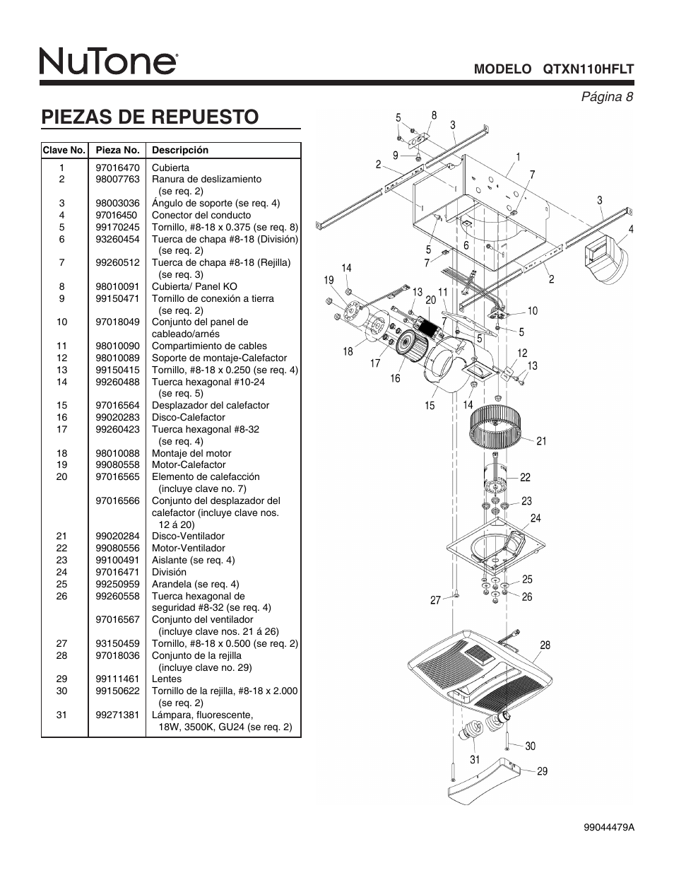 Piezas de repuesto, Página  modelo qtxn110hflt | NuTone QTXN110HFLT User Manual | Page 8 / 8