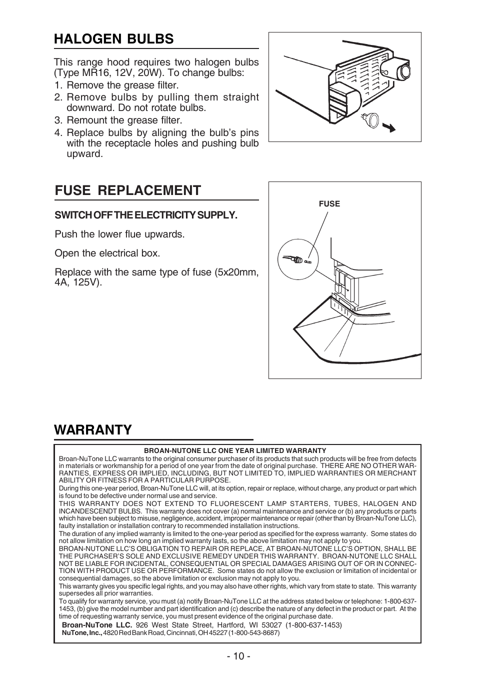Halogen bulbs, Warranty fuse replacement | NuTone NP629004 User Manual | Page 10 / 32